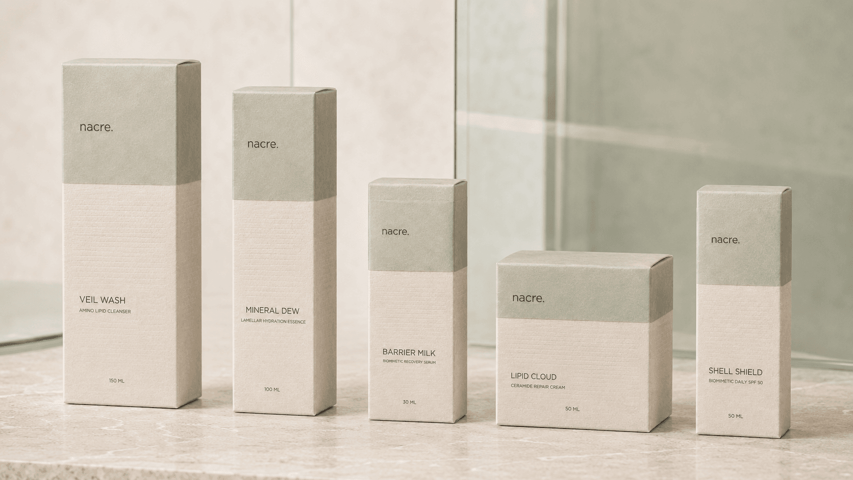 Cinco estuches texturados de NACRE ordenados según la escala del ritual de skincare completo.
