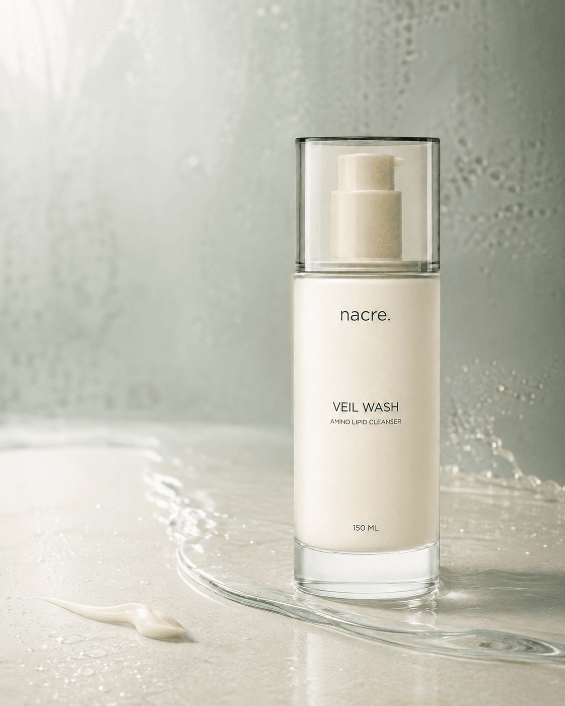 Limpiador NACRE Veil Wash apoyado sobre una superficie húmeda con agua transparente alrededor.